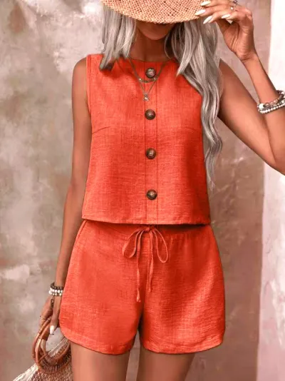 Women Fashion Casual Summer Solid Color Button Sleeveless Vest Loose Shorts Two-Piece Set