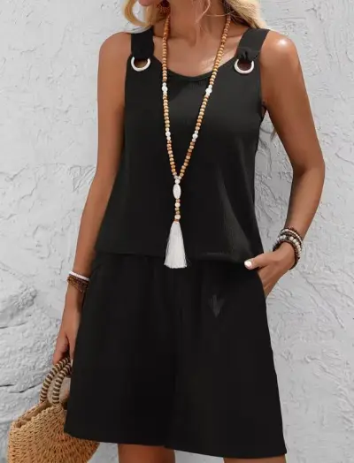 Women Fashion Casual Spring And Summer Solid Color Round Neck Sleeveless Tank Top Loose Shorts Two-Piece Set