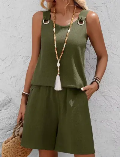 Women Fashion Casual Spring And Summer Solid Color Round Neck Sleeveless Tank Top Loose Shorts Two-Piece Set