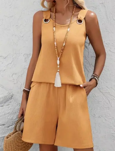 Women Fashion Casual Spring And Summer Solid Color Round Neck Sleeveless Tank Top Loose Shorts Two-Piece Set