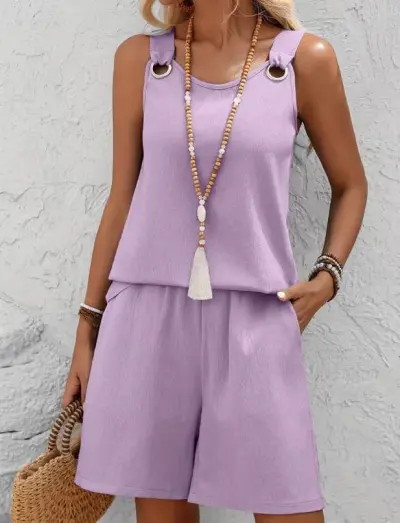 Women Fashion Casual Spring And Summer Solid Color Round Neck Sleeveless Tank Top Loose Shorts Two-Piece Set