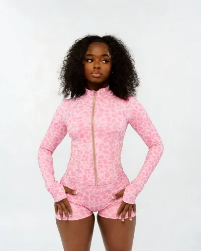 Women Fashion Casual Leopard Printed Stretch Zipper Long-Sleeve Jacket Tight Shorts Two-Piece Set