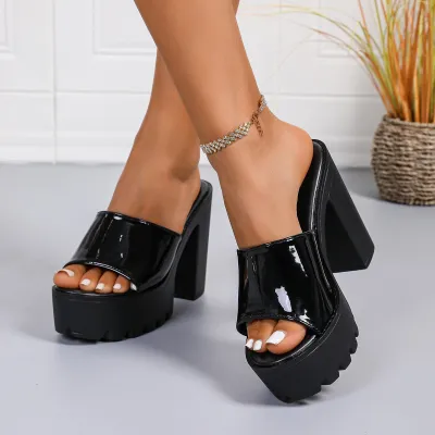 Women Fashion Casual Solid Color Peep-Toe Wedge Heeled Slippers