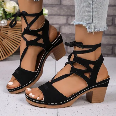 Women Fashion Casual Solid Color Peep-Toe Lace-Up Thick Heeled Sandals