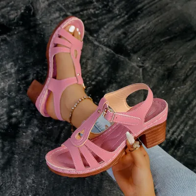 Women Fashion Casual Solid Color Peep-Toe Thick Heeled Sandals