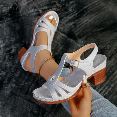 Women Fashion Casual Solid Color Peep-Toe Thick Heeled Sandals