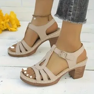 Women Fashion Casual Solid Color Peep-Toe Thick Heeled Sandals