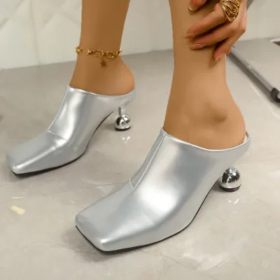 Women Fashion Casual Solid Color Square-Toe Heeled Slippers