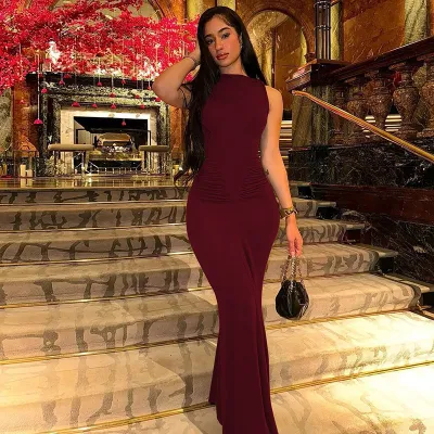 Women'S Fashion Sexy Elegant Solid Color Slim Fit Pleated Sleeveless Dress