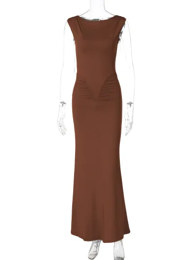 Women'S Fashion Sexy Elegant Solid Color Slim Fit Pleated Sleeveless Dress