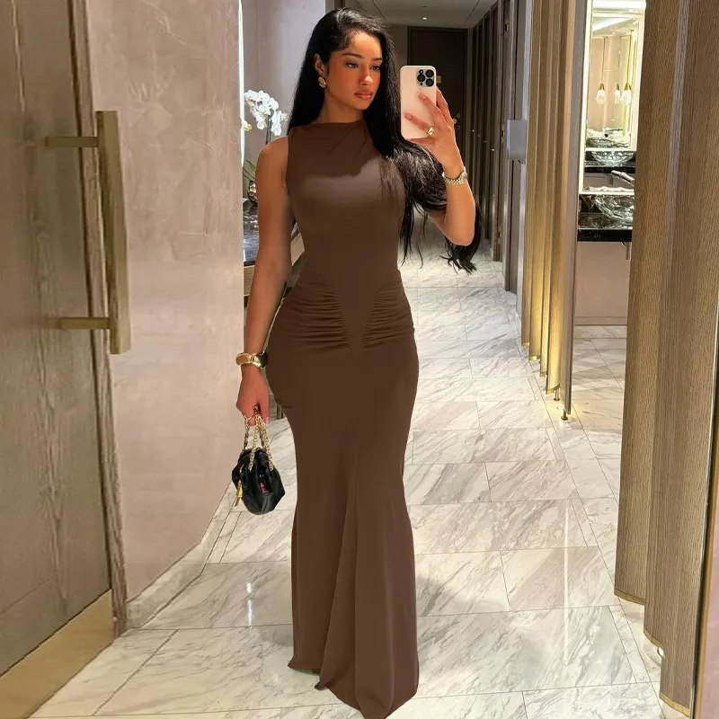 Women'S Fashion Sexy Elegant Solid Color Slim Fit Pleated Sleeveless Dress