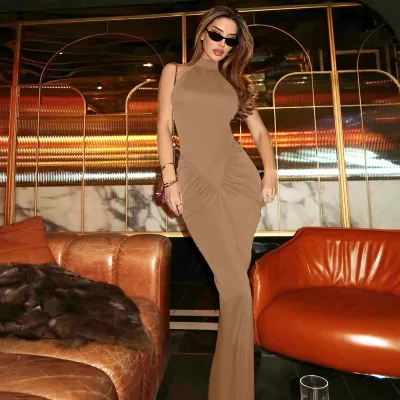 Women Fashion Sexy Summer Elegant Back Zipper Pleated Sleeveless Dress