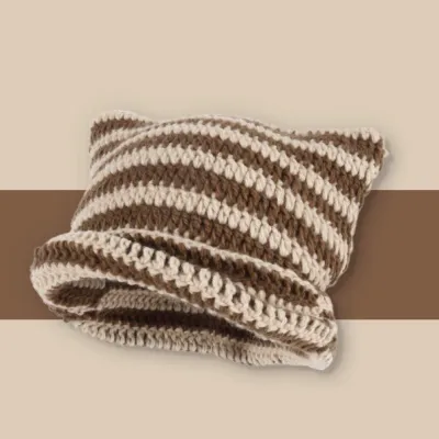 Women Fashion Casual Autumn And Winter Wool Striped Cat Ears Warm Knitted Hat