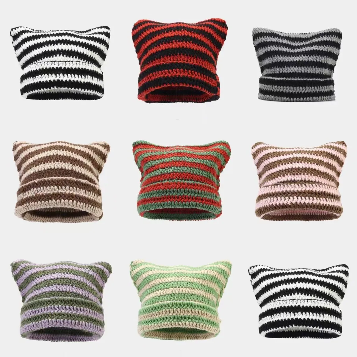 Women Fashion Casual Autumn And Winter Wool Striped Cat Ears Warm Knitted Hat
