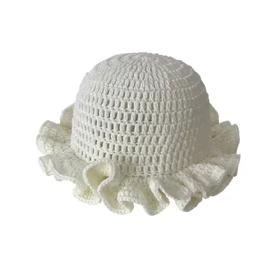 Women Fashion Autumn Winter Solid Color Hand Crocheted Ruffled Knitted Hat