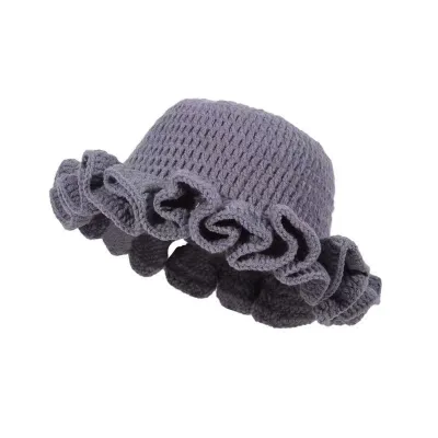 Women Fashion Autumn Winter Solid Color Hand Crocheted Ruffled Knitted Hat