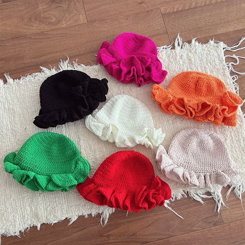 Women Fashion Autumn Winter Solid Color Hand Crocheted Ruffled Knitted Hat