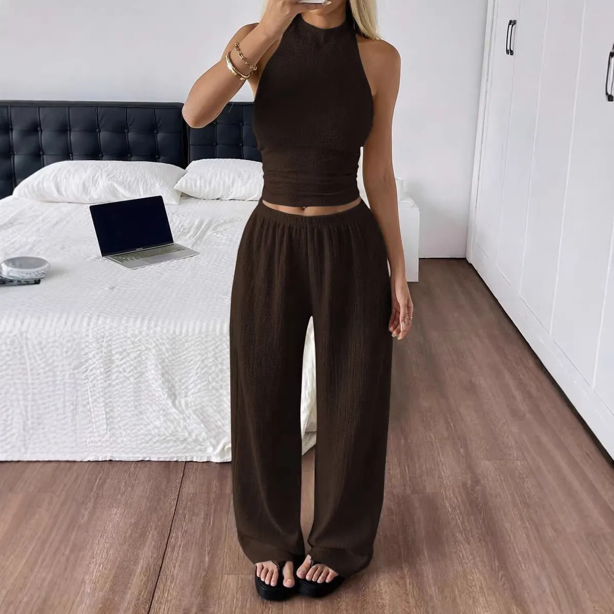 Women Fashion Casual Solid Color Sleeveless Crop Top Wide Leg Pants Two-Piece Set