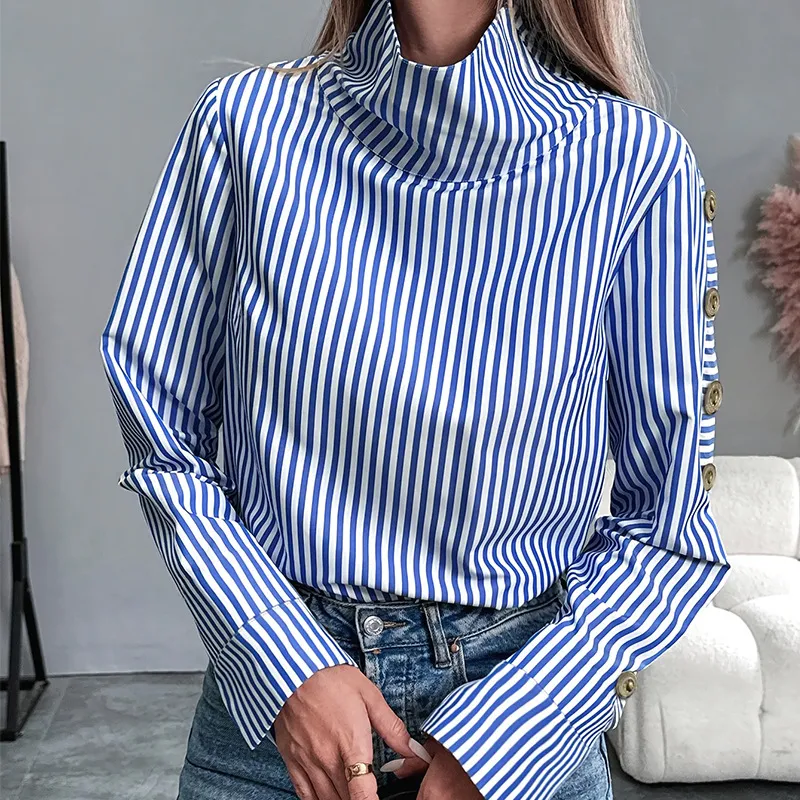 Women Fashion Casual Stripe High Collar Long Sleeve Blouse