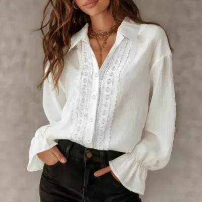 Women Fashion Casual Solid Color Lace Stitching Lapel Single-Breasted Long Sleeve Blouse