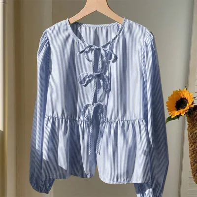 Women Fashion Casual Stripe Long Sleeve Lace-Up Blouse