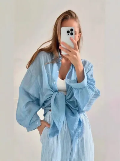 Women Fashion Casual Simple Solid Color Laple Long Sleeve Loose Blouse