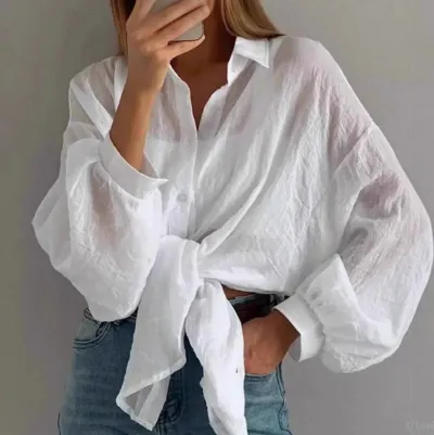 Women Fashion Casual Simple Solid Color Laple Long Sleeve Loose Blouse