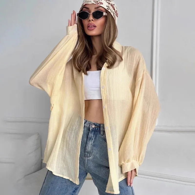 Women Fashion Casual Simple Solid Color Laple Long Sleeve Loose Blouse