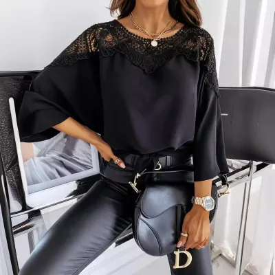 Women Fashion Casual Spring And Autumn Solid Color Lace Stitching Round Neck Long Sleeve Blouse