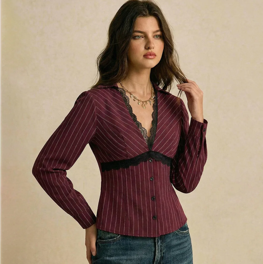 Women Fashion Sexy Lace Stitching Stripe V-Neck Long Sleeve Blouse