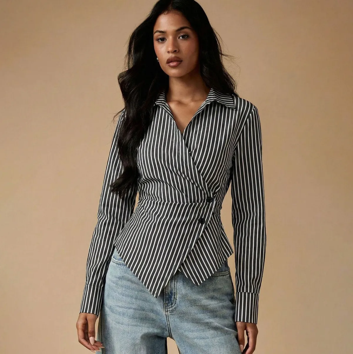 Women Fashion Elegant Autumn Irregular Stripe Lapel Long Sleeve Blouse