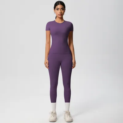 Women Fashion Solid Color Tight Short-Sleeve T-Shirt High Waist Pants Quick-Drying Yoga Sports Two-Piece Set
