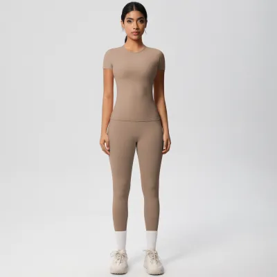 Women Fashion Solid Color Tight Short-Sleeve T-Shirt High Waist Pants Quick-Drying Yoga Sports Two-Piece Set