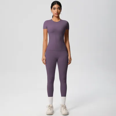 Women Fashion Solid Color Tight Short-Sleeve T-Shirt High Waist Pants Quick-Drying Yoga Sports Two-Piece Set
