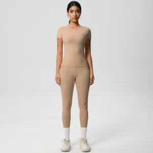 Women Fashion Solid Color Tight Short-Sleeve T-Shirt High Waist Pants Quick-Drying Yoga Sports Two-Piece Set