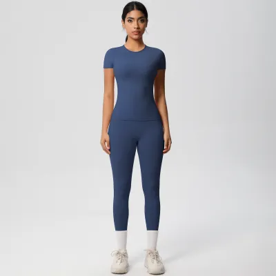 Women Fashion Solid Color Tight Short-Sleeve T-Shirt High Waist Pants Quick-Drying Yoga Sports Two-Piece Set