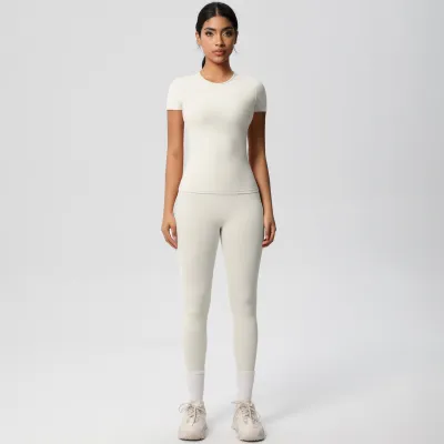 Women Fashion Solid Color Tight Short-Sleeve T-Shirt High Waist Pants Quick-Drying Yoga Sports Two-Piece Set