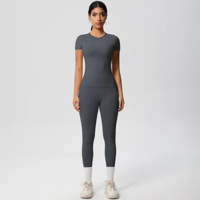 Women Fashion Solid Color Tight Short-Sleeve T-Shirt High Waist Pants Quick-Drying Yoga Sports Two-Piece Set