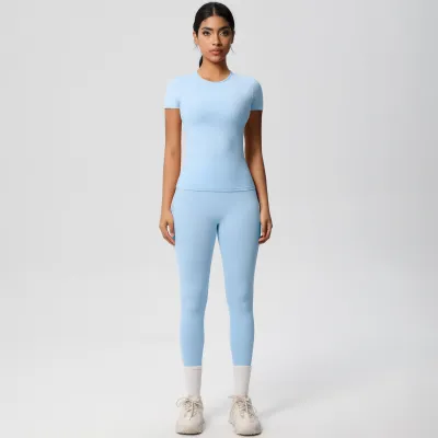 Women Fashion Solid Color Tight Short-Sleeve T-Shirt High Waist Pants Quick-Drying Yoga Sports Two-Piece Set