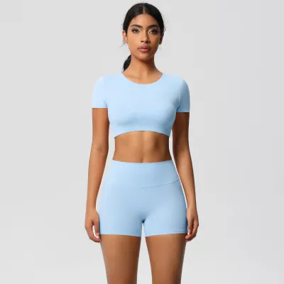 Women Fashion Solid Color Short-Sleeve Crop Top Tight Shorts Quick-Drying Yoga Sports Two-Piece Set