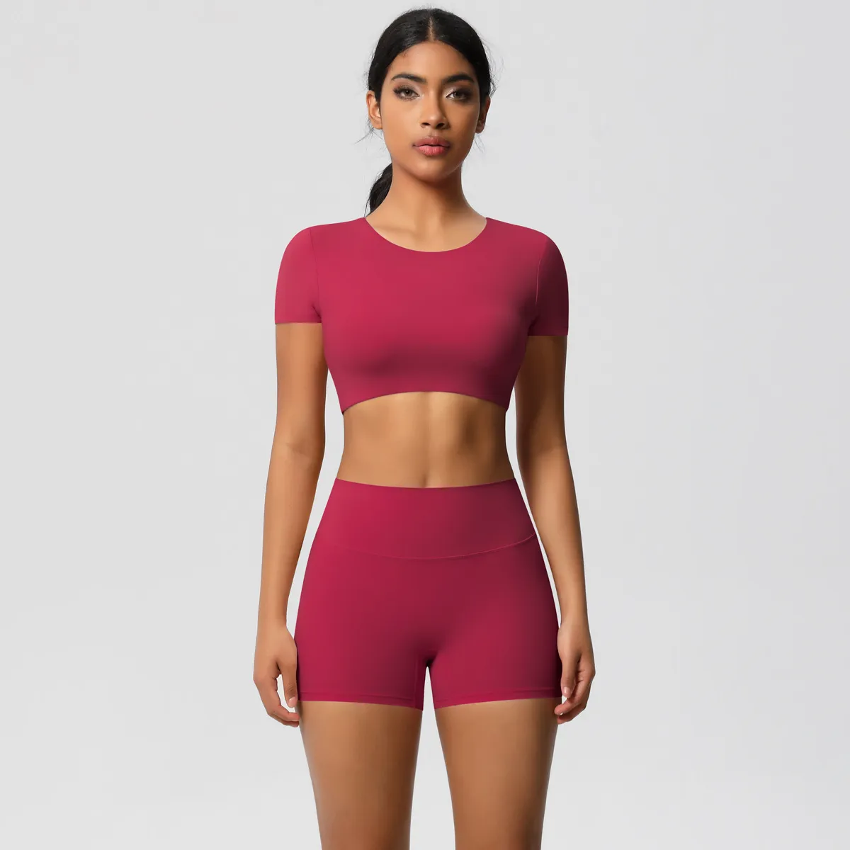 Women Fashion Solid Color Short-Sleeve Crop Top Tight Shorts Quick-Drying Yoga Sports Two-Piece Set
