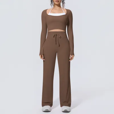 Women Fashion Fake Two-Piece Long-Sleeve With Chest Pad T-Shirt Drawstring Loose Pants Quick-Drying Yoga Sports Two-Piece Set
