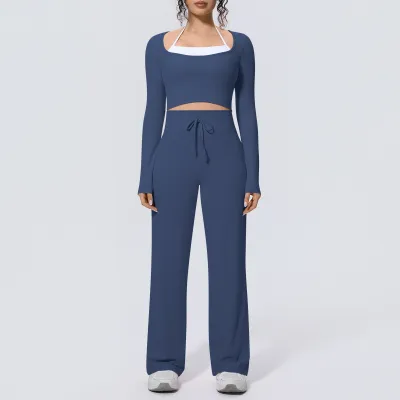 Women Fashion Fake Two-Piece Long-Sleeve With Chest Pad T-Shirt Drawstring Loose Pants Quick-Drying Yoga Sports Two-Piece Set
