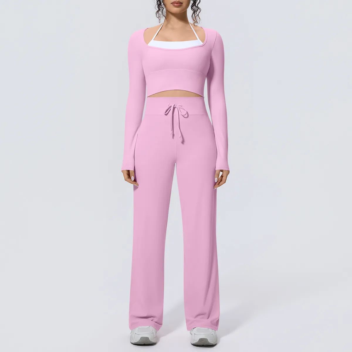 Women Fashion Fake Two-Piece Long-Sleeve With Chest Pad T-Shirt Drawstring Loose Pants Quick-Drying Yoga Sports Two-Piece Set