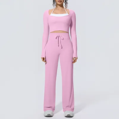 Women Fashion Fake Two-Piece Long-Sleeve With Chest Pad T-Shirt Drawstring Loose Pants Quick-Drying Yoga Sports Two-Piece Set