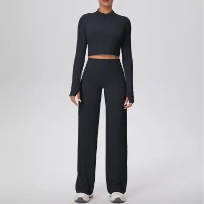 Women Fashion Casual Solid Color Zipper Long-Sleeve Jacket High Waist Slim-Fit Pants Quick-Drying Yoga Sports Two-Piece Set