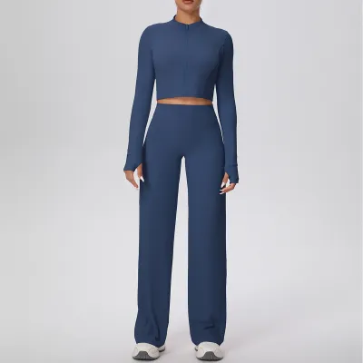 Women Fashion Casual Solid Color Zipper Long-Sleeve Jacket High Waist Slim-Fit Pants Quick-Drying Yoga Sports Two-Piece Set