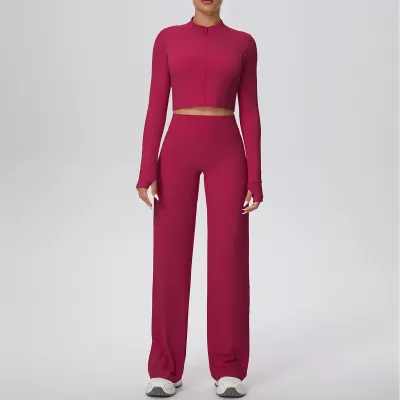 Women Fashion Casual Solid Color Zipper Long-Sleeve Jacket High Waist Slim-Fit Pants Quick-Drying Yoga Sports Two-Piece Set