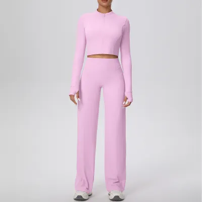 Women Fashion Casual Solid Color Zipper Long-Sleeve Jacket High Waist Slim-Fit Pants Quick-Drying Yoga Sports Two-Piece Set