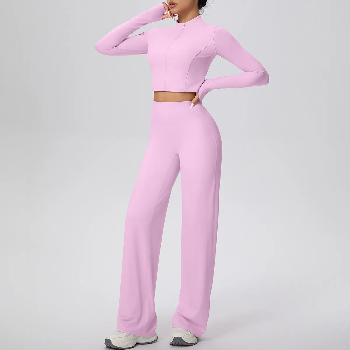 Women Fashion Casual Solid Color Zipper Long-Sleeve Jacket High Waist Slim-Fit Pants Quick-Drying Yoga Sports Two-Piece Set
